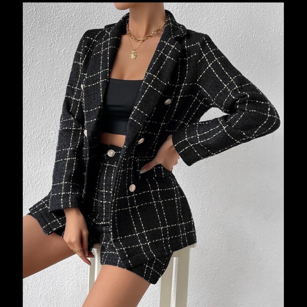 NWOT! Black Gold Windowpane Tweed Blazer & Short Set, Size XS - Picture 1 of 9